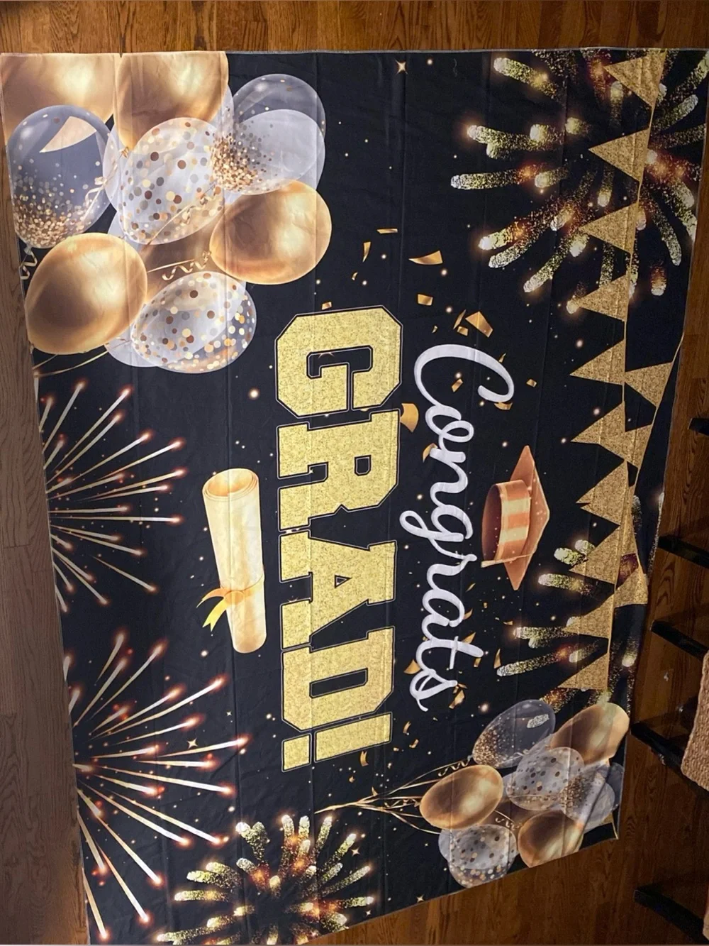 Congrats Grad! Black and Gold Graduation Party Backdrop Banner 243x180